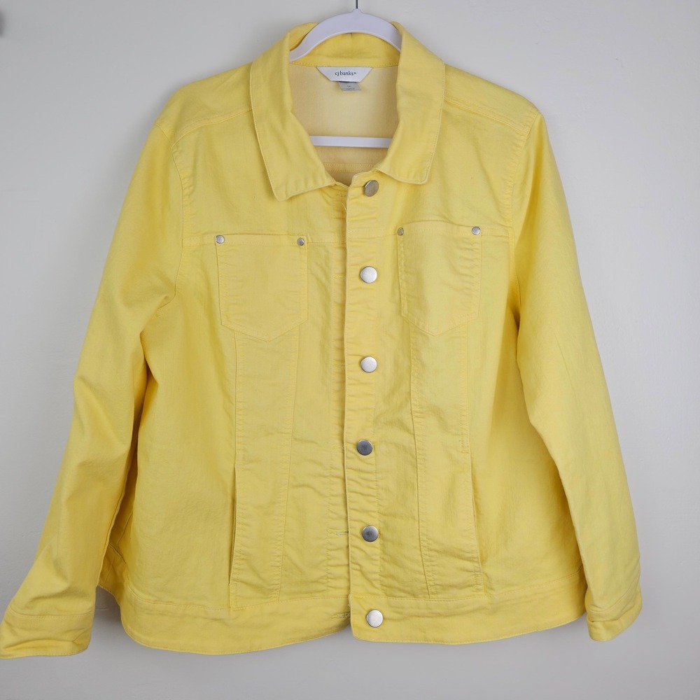 CJ Banks Denim Jacket Women 1X Yellow Button Front Trucker Style Solid Layering